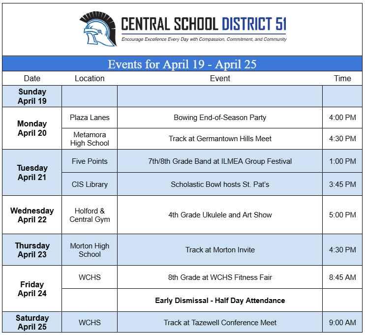 Upcoming Schedule for April 19 through April 25.