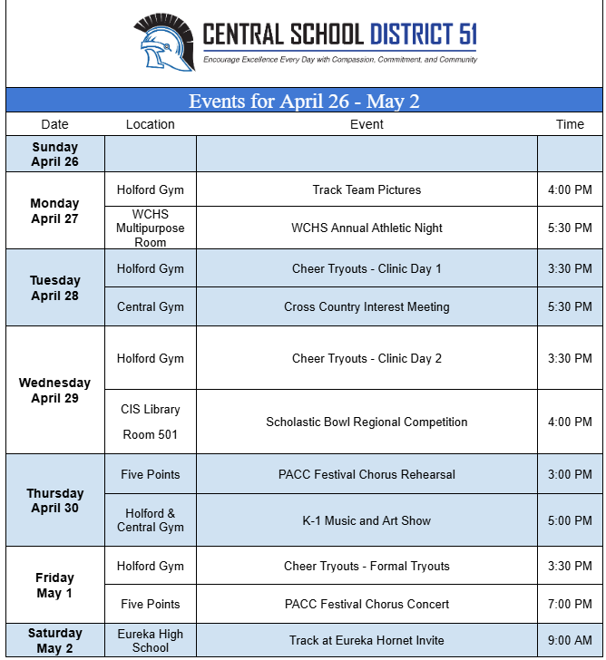 Upcoming Events for April 26 through May 2.