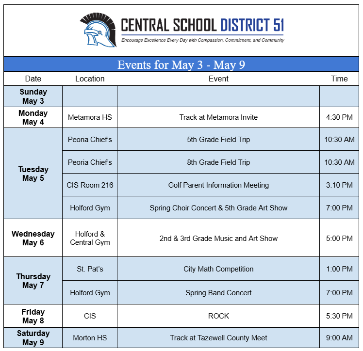Upcoming Events for May 3 through May 9.