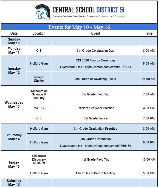 Upcoming Events for May 10 through May 16.