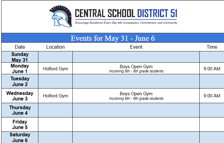 Upcoming Events for May 31 through June 6.