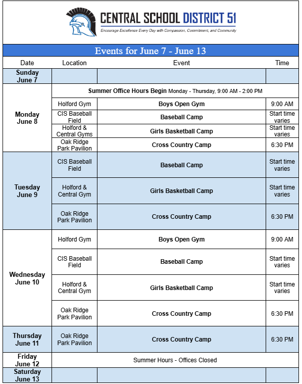Upcoming Events for June 7 through June 13. 