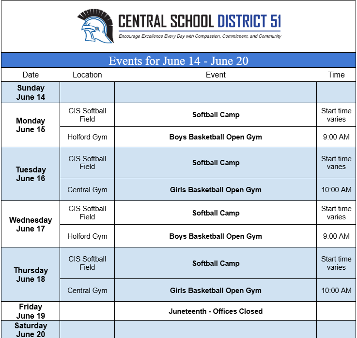 Upcoming Events for June 14 through June 20. 