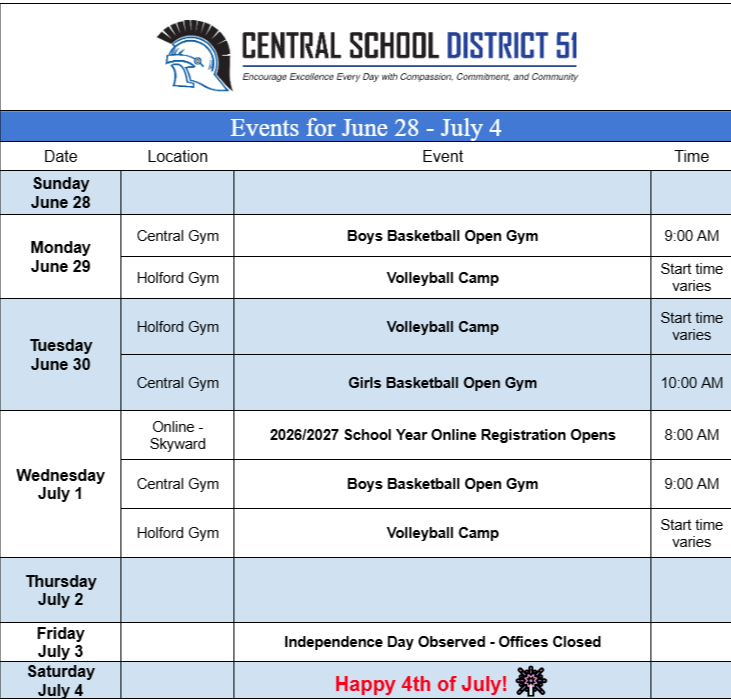 Upcoming Events for June 28 through July 4.