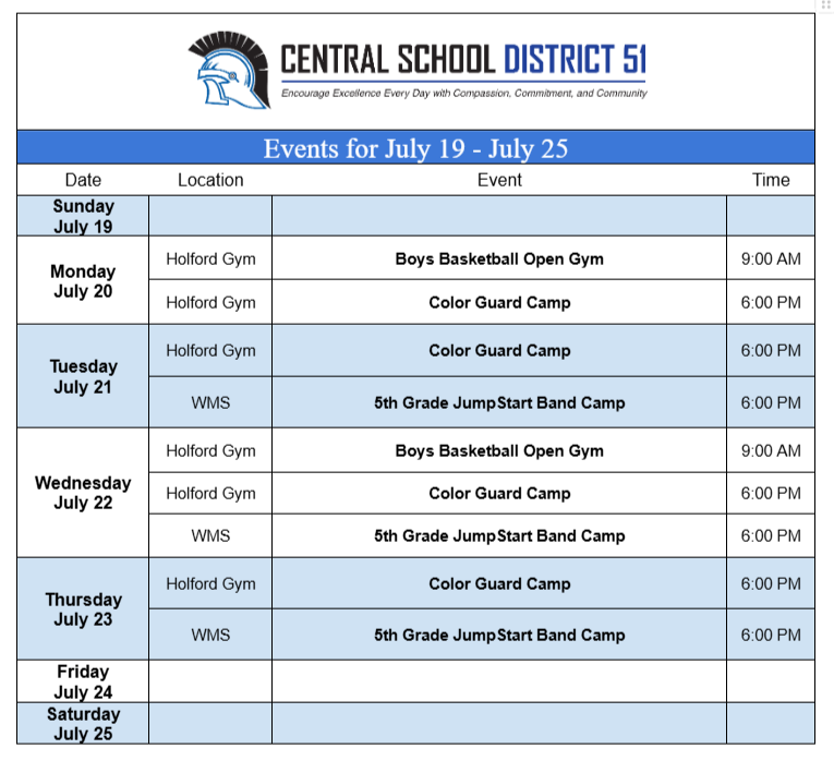 Upcoming Events for July 19 - July 25