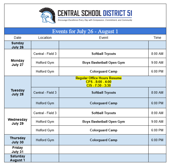 Upcoming Events July 26 - August 1