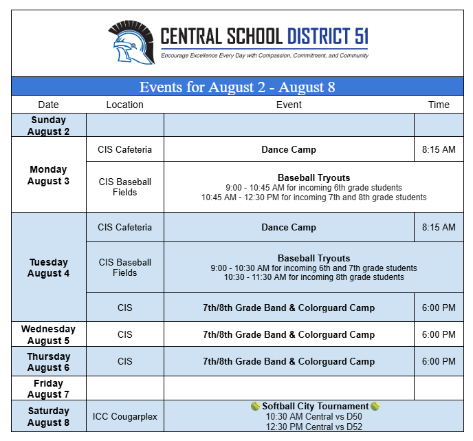 Upcoming Events for August 2-8