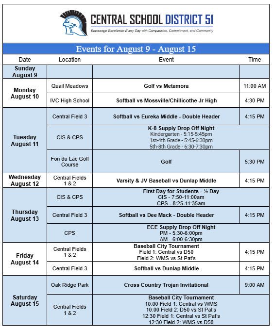Upcoming Events for August 9-15