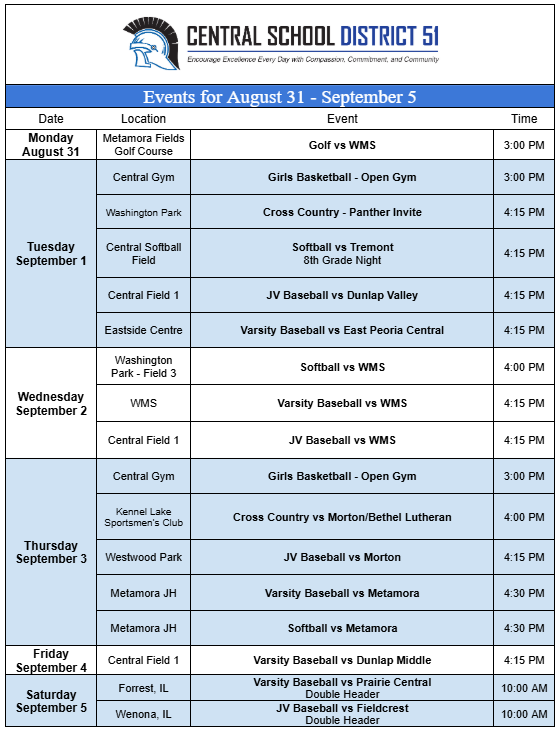 Upcoming Events for August 31-September 5