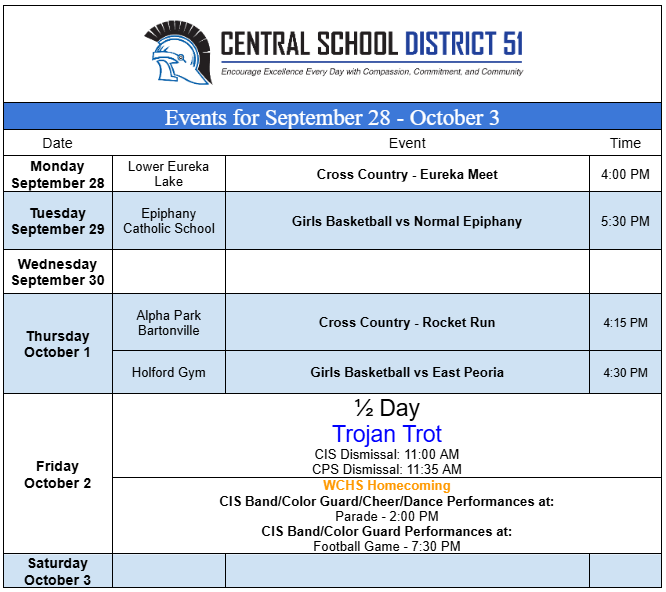 Upcoming Events for September 28-October 3