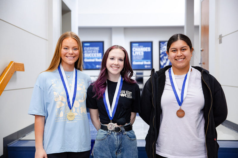 Winners of the Central Tech STEM Day High School Advanced Math competition (L-R): first place Cora Eyler of Cushing, second place Katelyn Palmer of Kellyville, and third place Luna Garcia of Kellyville