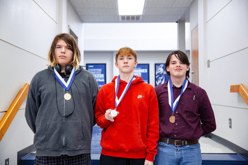 Winners of the Central Tech STEM Day Middle School Advanced Math competition (L-R): first place Dominic Darnaby of Cleveland, second place Nicolas Newton of Cleveland, and third place Mosess Morgan of Cleveland