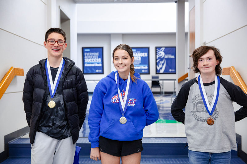Winners of the Central Tech STEM Day Algebra I competition (L-R): Nolan Hutchison of Kiefer, second place Charleigh Billingsly of Kellyville, and third place Aiden Jones of Cushing