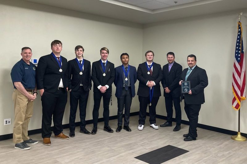 High School team, 2nd place from L to R: Colonel G. Hall Sebren, Jr.; Charles Pruitt, Cleveland; Mason Wages, Bristow; Joseph Sipes, Depew; Jesus Roura, Depew; Dawson Bullington, Olive