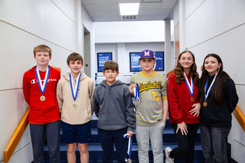 Winners of the Central Tech STEM Day Middle School Balloon-Powered Car competition (L-R): first place Gavin Marrufo and Tristian Pierce of Mannford, second place Luke Rice and Maddox Lewis of Mannford, and third place Carley Cosby and Codi Cosby of Kiefer