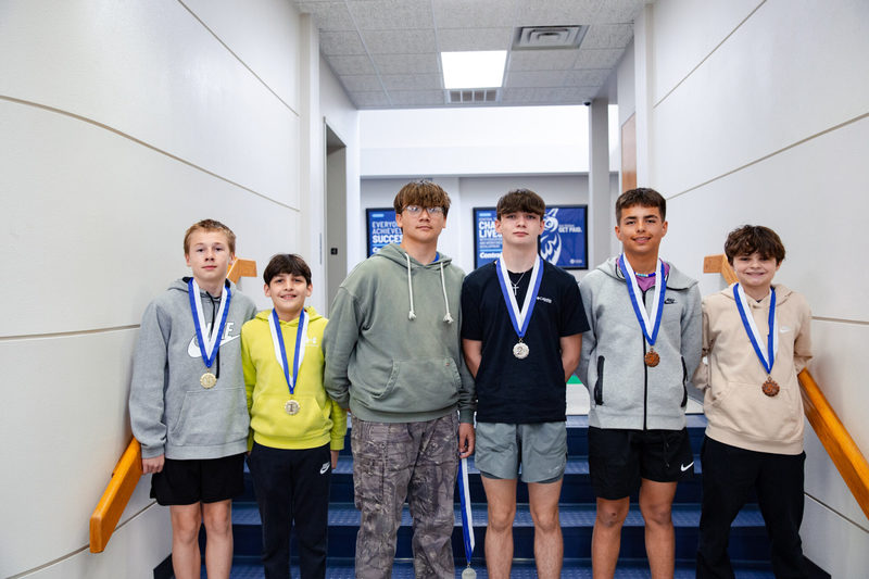 Winners of the Central Tech STEM Day Middle School Balsawood Glider Toss competition (L-R): first place Ayden Ford and Evan Lira of Mannford, second place Bently Furr and Chase Bougher of Mannford, and third place Jaxyn Blackburn and Haze Rowden of Depew