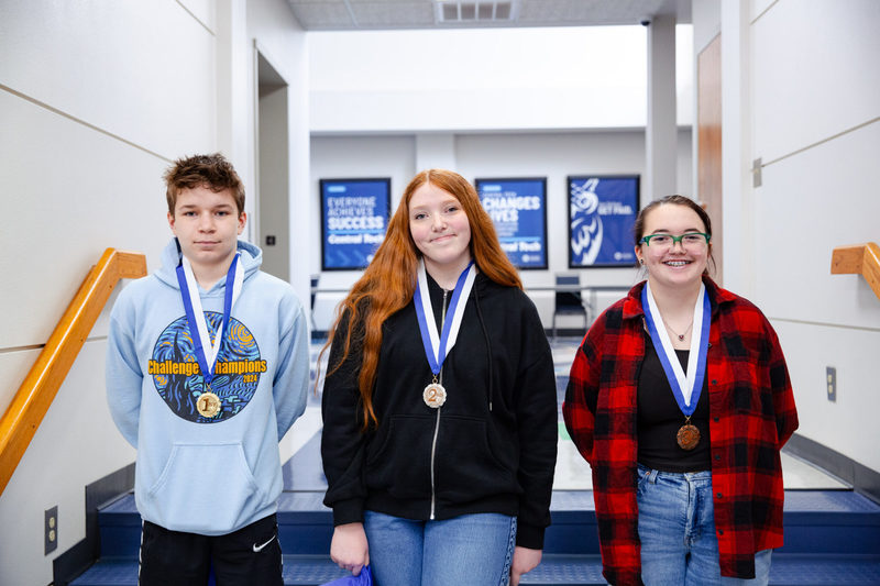 Winners of the Central Tech STEM Day Geometry competition (L-R): first place Bransen Gilbert of Cushing, second place Allison Corter of Cushing, and third place Ella Greenert of Mannford
