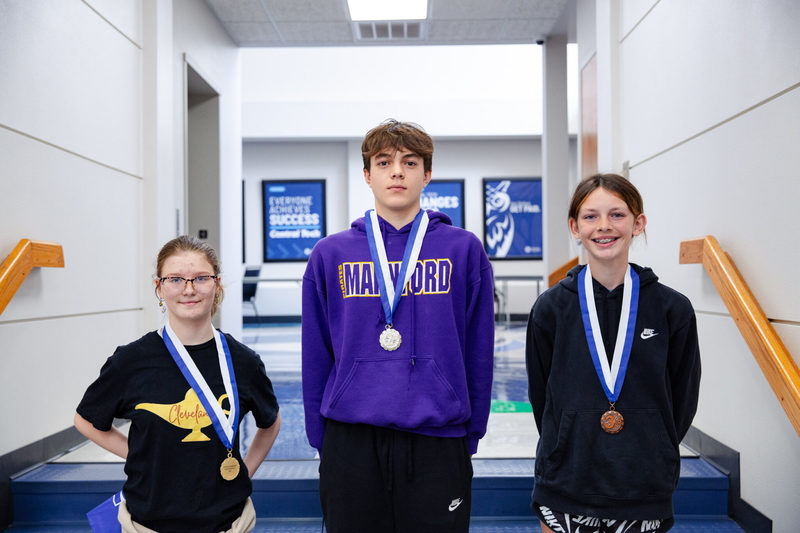 Winners of the Central Tech STEM Day Middle School Math competition (L-R): first place Kaitlynn LaMere of Cleveland, second place Ryker Pollard of Mannford, and third place Kennedy Arthur of Ripley