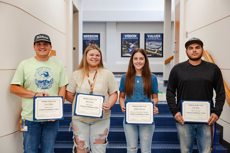 Drumright campus morning students. (L to R) Cyler Shields, Electric Trades, Bristow; Daisy Gower, Digital Media, Bristow; Shelbie Caraveau, Business & Information Technology, Stroud; Cody Davis, Diesel Technology, Depew