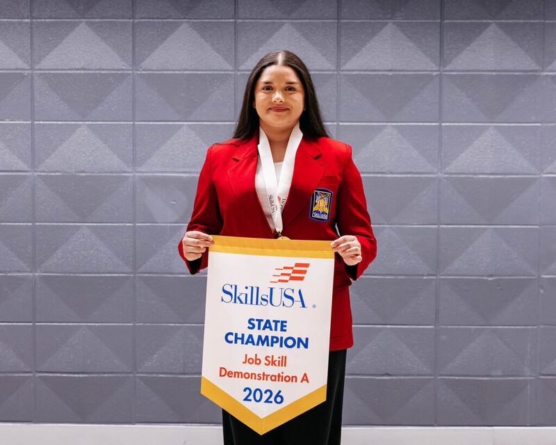 Earning 1st place in Job Skill Demo A for postsecondary students is Sarah Guzman, Stroud.