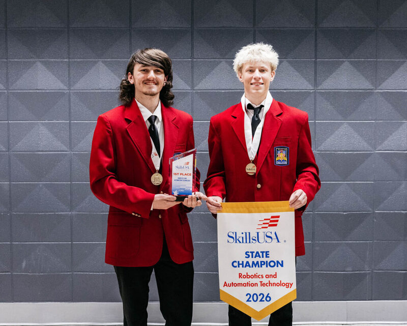 Earning 1st place in Robotics and Automation Technology for secondary students is (L-R): Carter Meloy, Cushing; Kolson Seachris, Bristow.