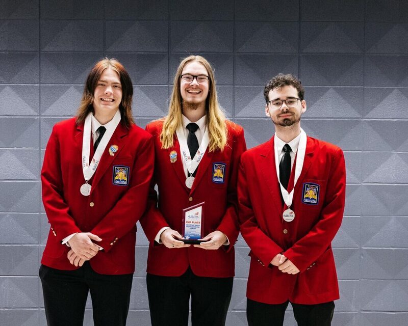 Earning 2nd place in Career Pathways Industrial and Engineering Technology for secondary students is (L-R): Chance Pearson, Cleveland; Noah Gustafson, Mannford; Cameron Thompson, Mannford.