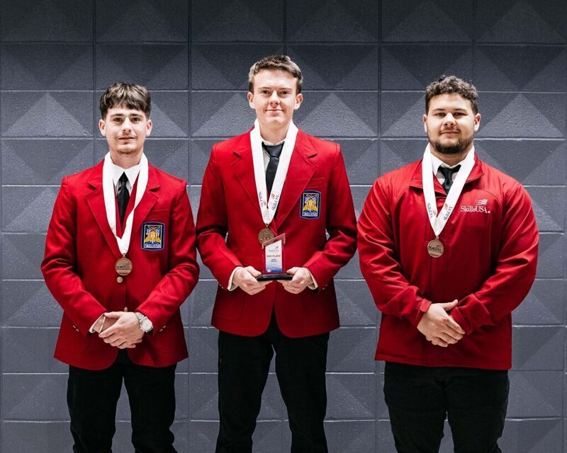 Earning 3rd place in Welding Fabrication for secondary students is (L-R): Spencer Haught, Sapulpa; Kelby Bowers, Kiefer; Camden Bell.