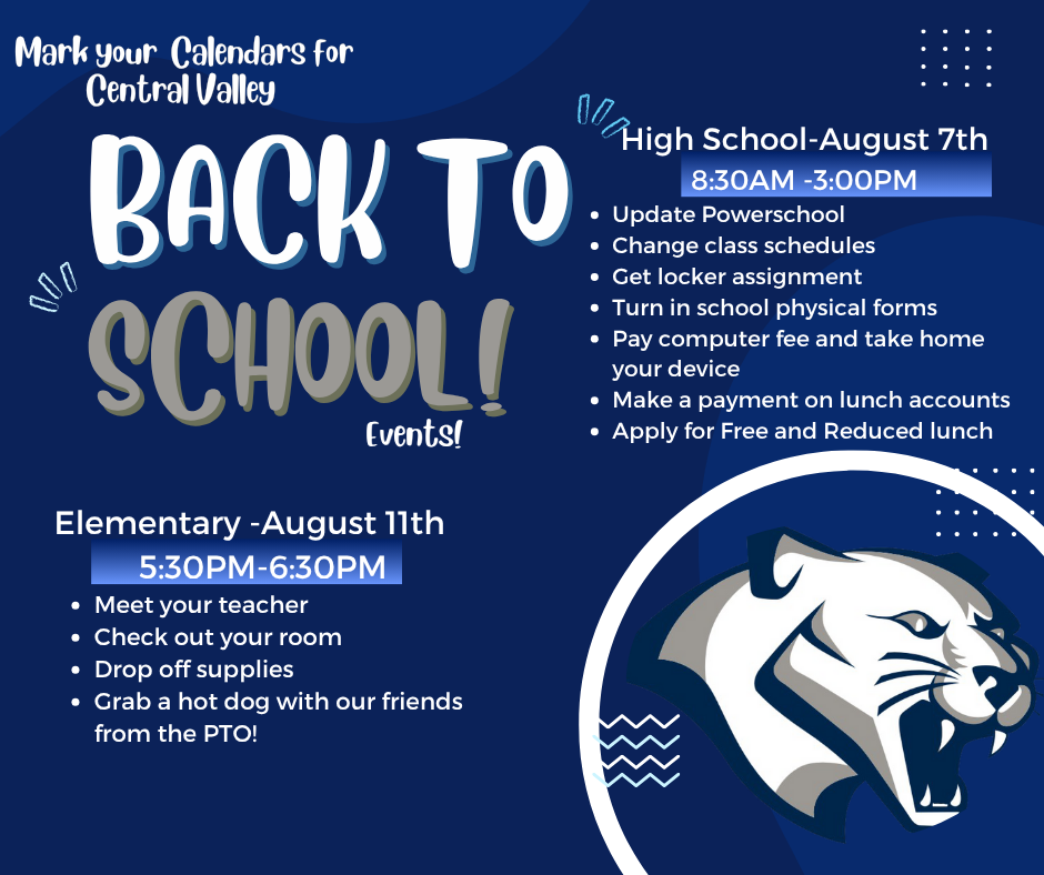 Mark your calendars for Central Valley's back-to-school events!