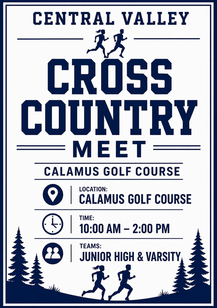 🏃 Cross Country Meet Day! 🏃♀️ Our Central Valley Cross Country runners are headed to Burwell to compete! 📍 Burwell ⏰ 10:00 AM 🏃 Jr. High & Varsity Good luck to all of our Cougar runners! Run strong and make us proud! 💙🤍🐾 Go Cougars!