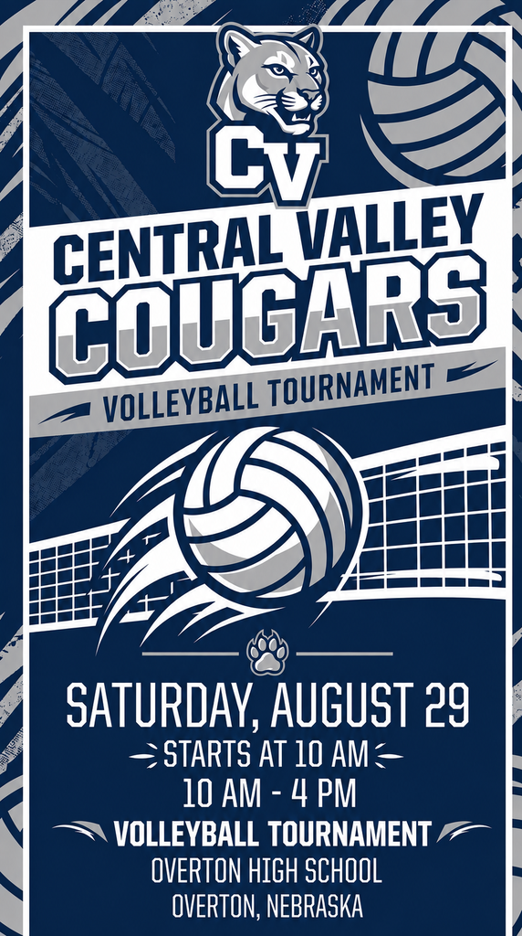 🏐 Cougar Volleyball Tournament Day! 🏐 Our Central Valley Volleyball team is headed to Overton for tournament action! 📍 Overton ⏰ First match begins at 10:00 AM Good luck to our Lady Cougars as they hit the court! Play hard, play together, and bring home some wins! 💙🤍🐾 Go Cougars! 🏐