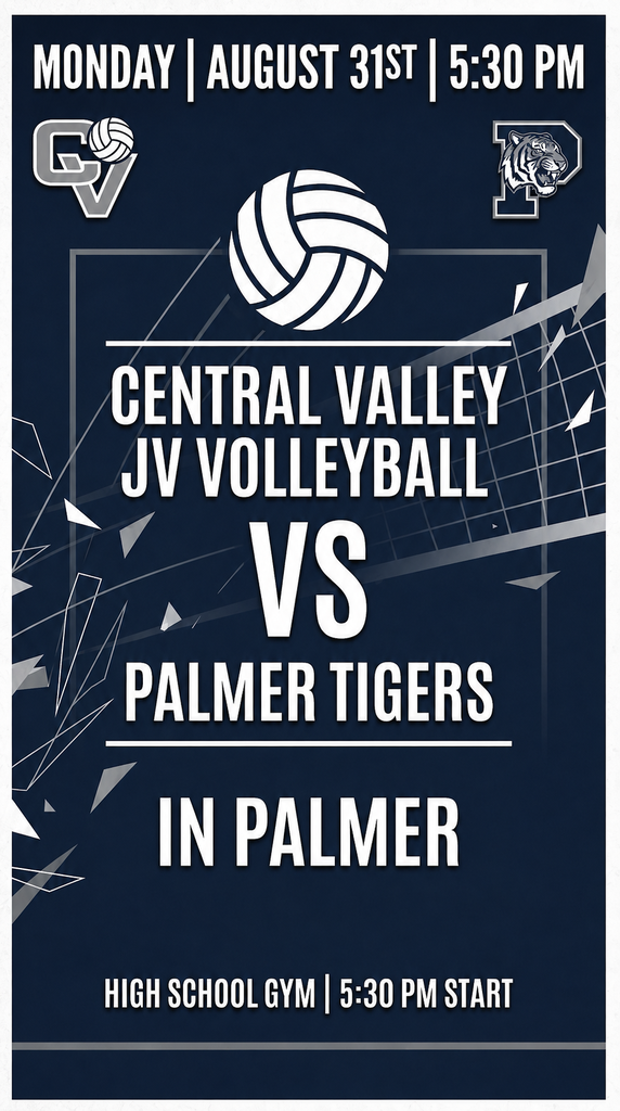 🏐 Game Day! 🏐 Central Valley Junior Varsity Volleyball will take on the Palmer Tigers on Monday, August 31, at 5:30 p.m. in Palmer. Good luck, Cougars! 💙🤍
