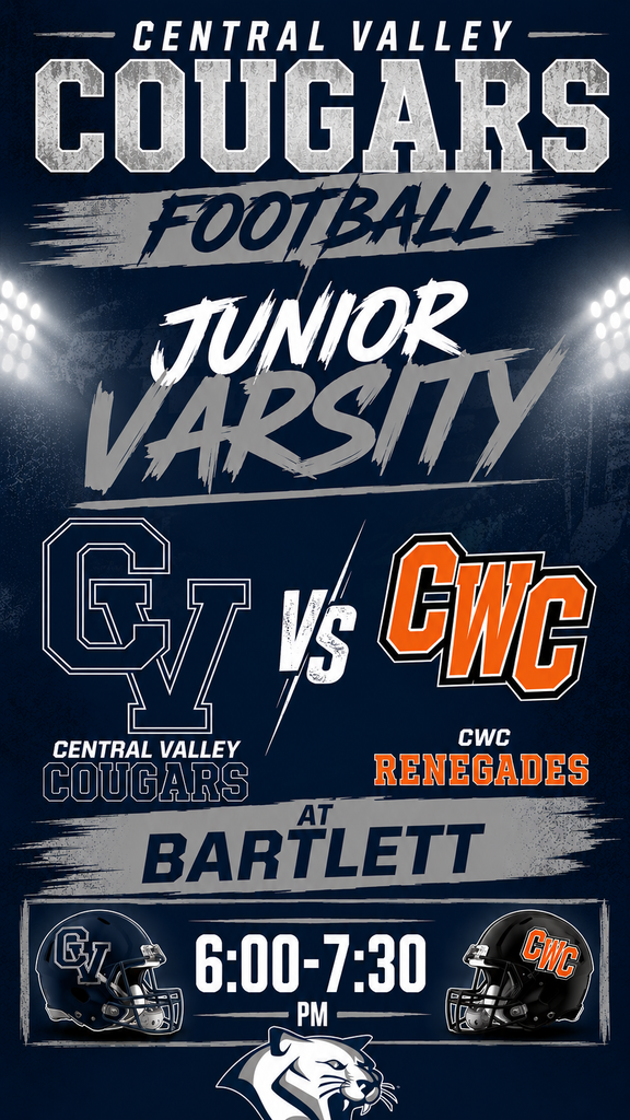 🏈 Game Day! 🏈 Central Valley Junior Varsity Football will take on the CWC Renegades on Monday, August 31, at 6:30 p.m. in Bartlett. Good luck, Cougars! 💙🤍