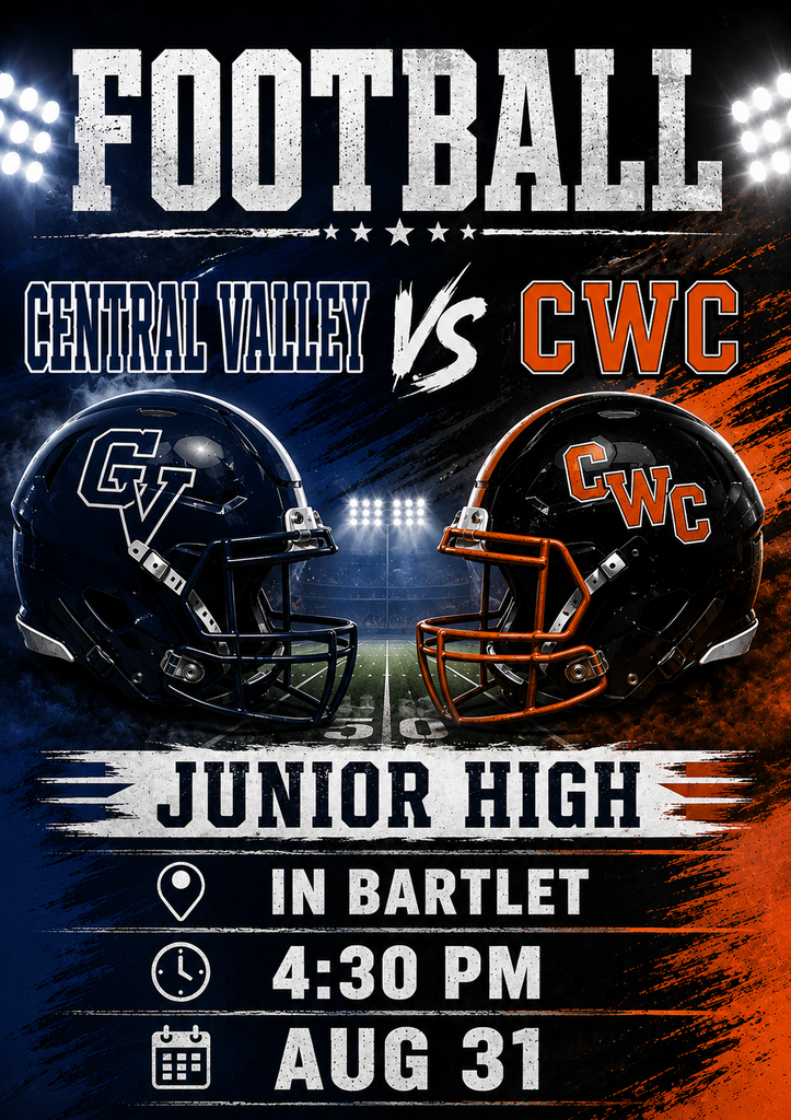 🏈 Game Day! 🏈 Central Valley Junior High Football will take on the CWC Renegades on Monday, August 31, at 4:30 p.m. in Bartlett. Good luck, Cougars! 💙🤍