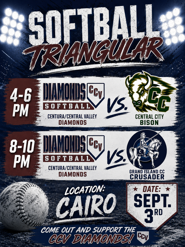 🥎💎 SOFTBALL GAMEDAY! 💎🥎 It’s time to cheer on our Diamond Softball teams as we take on Central City and Grand Island Central Catholic 📅 Thursday, September 3 📍 Cairo ⏰ Central City Bison – 4:00 PM ⏰ Grand Island Central Catholic – 8:00 PM Come out, bring your school spirit, and help us cheer our girls on to victory! 🙌🥎 Let’s Go, Diamonds! 💎