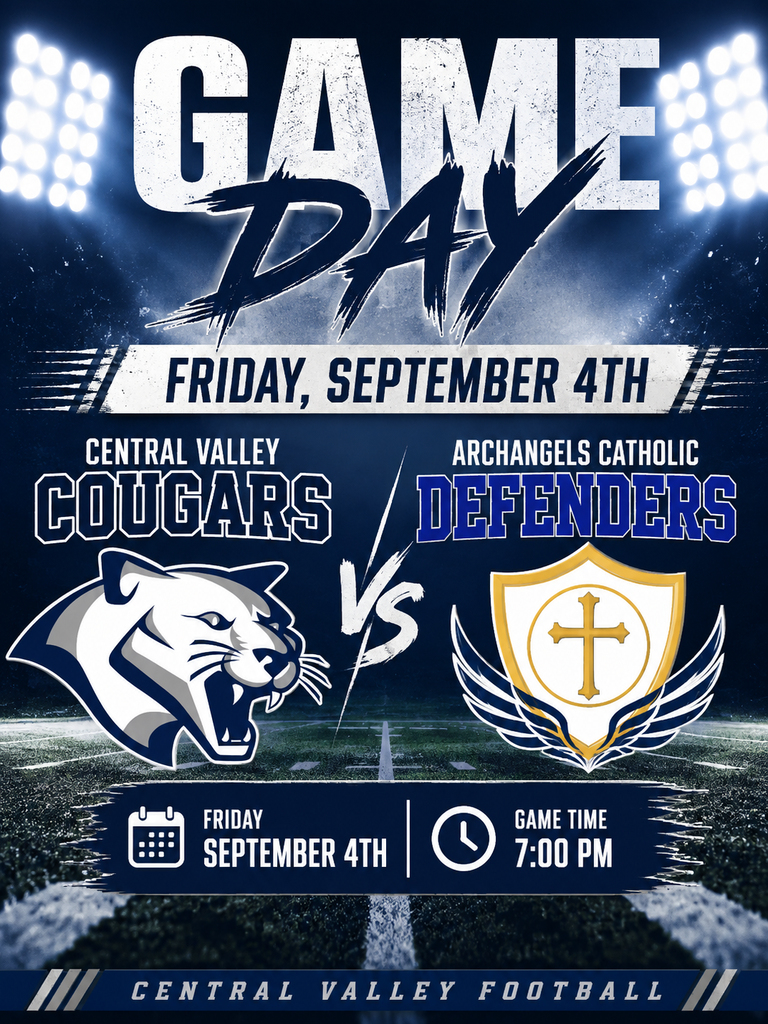 🏈🔥 FRIDAY NIGHT LIGHTS! 🔥🏈 The Central Valley Cougars are hitting the road and ready for another night of football! 🐾💪 📅 Friday, September 4 📍 Humphrey ⏰ 7:00 PM 🏈 Central Valley Cougars 🐾 🆚 Humphrey Archangels Bring your Cougar pride, pack the stands, and help us cheer our team on! 📣🙌 LET’S GO, COUGARS! 🐾🏈