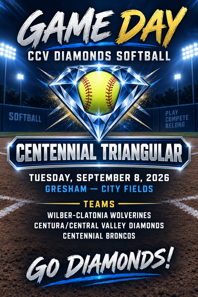 🥎💎 IT’S GAME DAY! 💎🥎 The Centura/Central Valley Diamonds are headed to Gresham today for the Centennial Triangular! 📅 Tuesday, September 8, 2026 📍 Gresham City Fields Competing teams: 🐺 Wilber-Clatonia Wolverines 💎 Centura/Central Valley Diamonds 🐴 Centennial Broncos