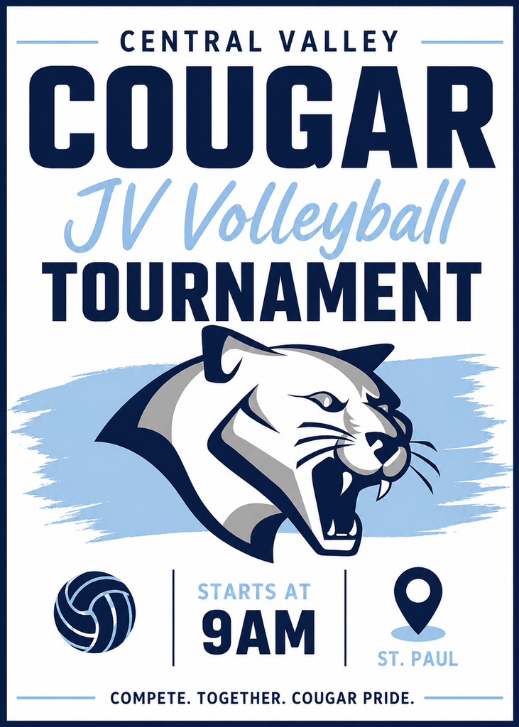 🏐 JV VOLLEYBALL TOURNAMENT! 🏐 The Central Valley Cougars are heading to St. Paul for a full day of volleyball action! ⏰ Tournament begins at 9:00 a.m. 📍 St. Paul Participating teams: 🐾 Central Valley Cougars 🐓 Ord Chanticleers 🦅 Overton Eagles 🤠 Arcadia-Loup City Rebels 🦬 Gibbon Buffaloes 🐾 St. Paul Wildcats Good luck to our Cougars! Compete together, play hard, and show your Cougar pride! 💙🏐 #CentralValleyCougars #CougarPride #JVVolleyball #TournamentDay