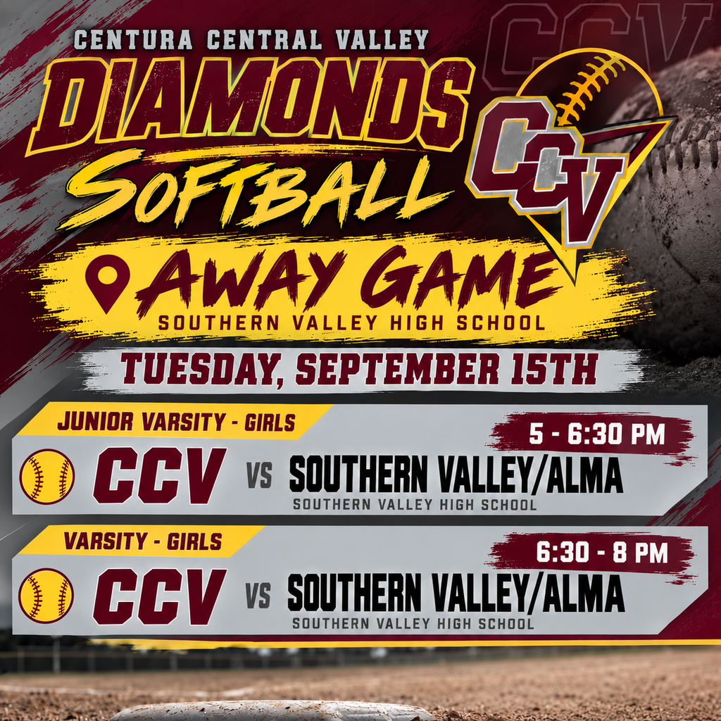 🥎 IT’S GAME DAY! 🥎  The Centura/Central Valley Diamonds are hitting the road to take on Southern Valley/Alma!  📅 Tuesday, September 15 📍 Southern Valley High School  💎 Junior Varsity Girls: 5:00–6:30 p.m. 💎 Varsity Girls: 6:30–8:00 p.m.  Good luck to our CCV Diamonds! Play hard, work together, and bring home the win! ❤️💛🥎  #CCVDiamonds #GameDay #DiamondPride #AwayGame