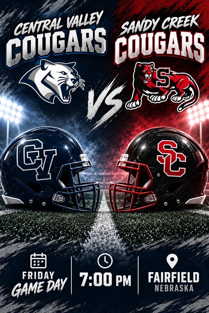 🏈🔥 FRIDAY NIGHT FOOTBALL! 🔥🏈 The Central Valley Cougars are heading to Fairfield for a tough matchup against the Sandy Creek Cougars! This will be a big challenge, and our team needs a strong crowd cheering them on! 💙🤍 📅 Friday ⏰ 7:00 PM 📍 Fairfield, Nebraska Come out, wear your Cougar gear, and show your support as Central Valley battles under the Friday night lights! Let’s be loud, proud, and ready to cheer our Cougars on from kickoff to the final whistle! 🐾 LET’S GO, CENTRAL VALLEY COUGARS! 🏈💙 #CentralValleyCougars #FridayNightFootball #GameDay #CougarPride #GoCougars