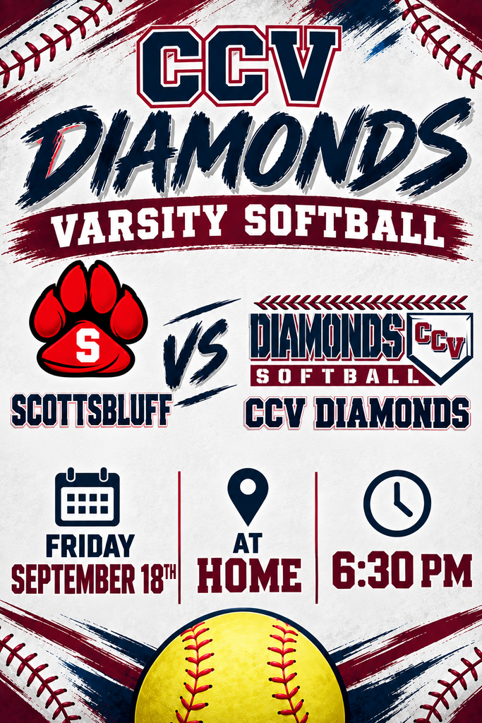 🥎💎 CCV DIAMONDS GAME DAY! 💎🥎 Our CCV Diamonds Varsity Softball team is ready to defend its home field against Scottsbluff! 📅 Friday, September 18 ⏰ 6:30 PM 📍 Home Come out and fill the stands as we cheer on the Diamonds! Bring your school spirit, make some noise, and help give our team a great home-field advantage! 💎 LET’S GO, CCV DIAMONDS! 💎 #CCVDiamonds #GameDay #VarsitySoftball #DiamondPride #GoDiamonds