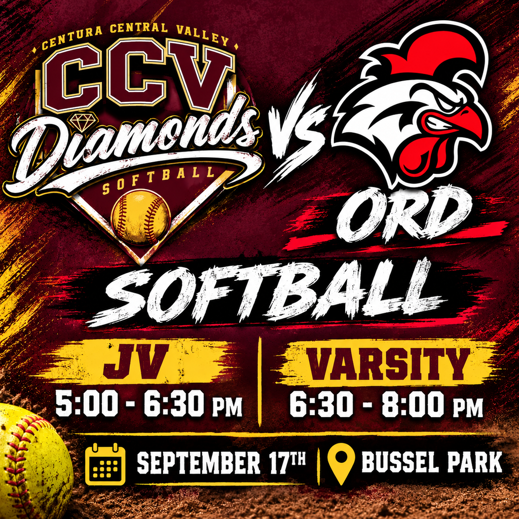 🥎💎 COME SUPPORT THE CCV DIAMONDS! 💎🥎 The CCV Diamonds are traveling to Ord for an exciting evening of softball! Come cheer on our JV and Varsity teams as they take the field! 📅 Thursday, September 17 📍 Ord ⏰ JV at 5:00 PM ⏰ Varsity at 6:30 PM Let’s pack the stands, make some noise, and show our CCV girls plenty of support! Good luck, Diamonds! 💎 LET’S GO, CCV! 💎 #CCVDiamonds #GameDay #GirlsSoftball #DiamondPride #GoDiamonds