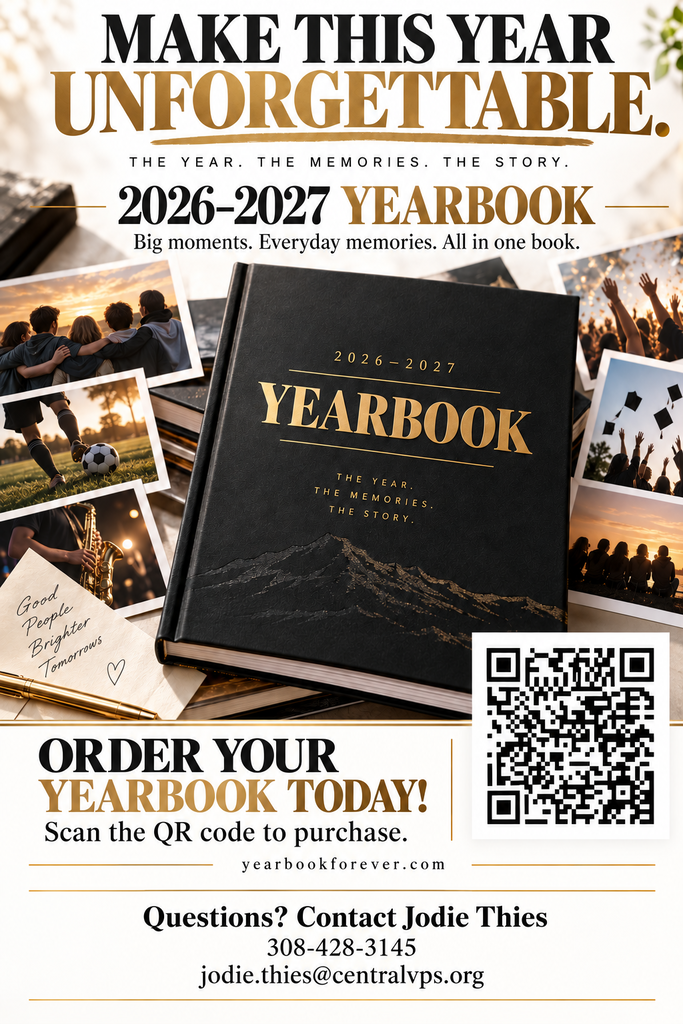 📚✨ MAKE THIS YEAR UNFORGETTABLE! The friendships. The achievements. The moments you’ll want to remember. Capture it all with your 2026–2027 Central Valley yearbook! 🐾 Order today and keep a piece of this school year forever. 🛒 Order your yearbook here or scan the QR code on the flyer! Questions? Contact Jodie Thies: 📞 308-428-3145 📧 jodie.thies@centralvps.org #CentralValley #CougarPride #Yearbook20262027