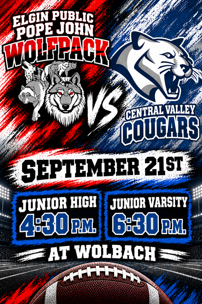 🏈 IT’S FOOTBALL GAME DAY! 🏈 The Central Valley Cougars are heading to Wolbach to take on the Elgin Public/Pope John Wolfpack! 📅 Monday, September 21 📍 Wolbach ⏰ Junior High: 4:30 PM ⏰ Junior Varsity: 6:30 PM Come out, wear your blue and gold, and cheer on our Cougar athletes! Let’s bring the energy and show our Cougar pride! 💙💛 GO COUGARS! 🐾🏈 #GoCougars #CentralValleyFootball #GameDay #CougarPride