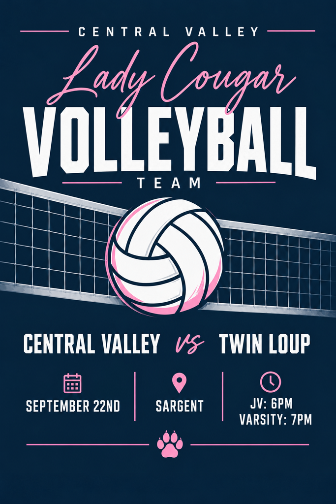 🏐 LADY COUGAR GAME DAY! 🏐 The Central Valley Lady Cougars are ready to take the court against Twin Loup! 📅 Tuesday, September 22 📍 Sargent ⏰ JV: 6:00 PM ⏰ Varsity: 7:00 PM Come cheer on our Lady Cougars and fill the stands with navy and silver! 🐾💙🩶 LET’S GO, COUGARS! #CentralValleyCougars #LadyCougarVolleyball #CougarPride #NavyAndSilver #GameDay