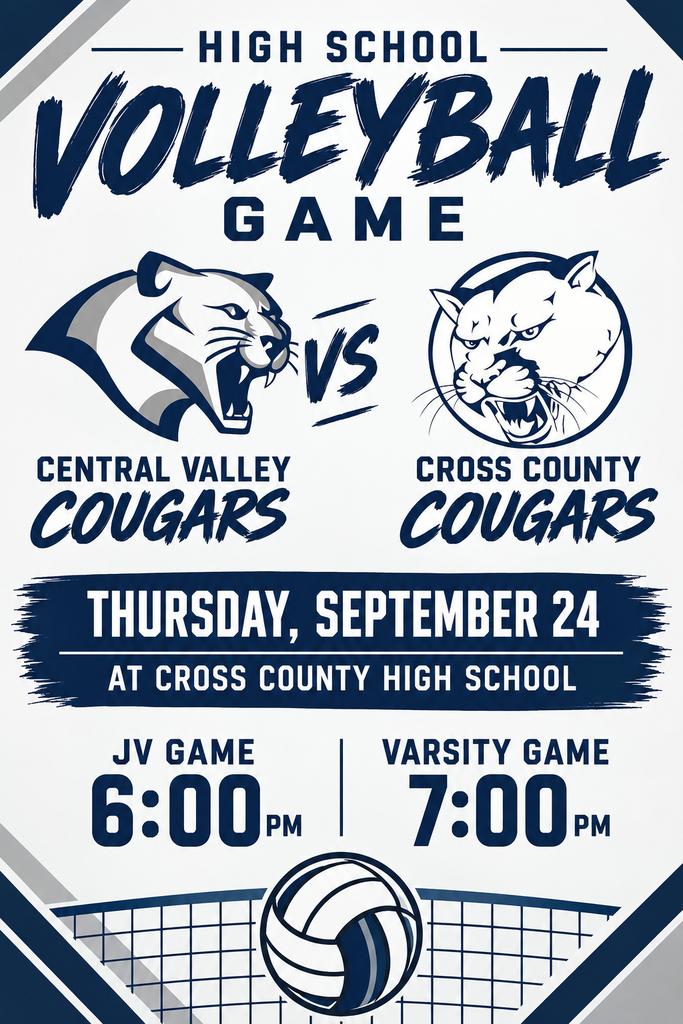 🏐 IT’S A COUGAR SHOWDOWN! 🏐 The Central Valley Cougars are hitting the road to take on the Cross County Cougars in an exciting high school volleyball matchup! 📅 Thursday, September 24 📍 Cross County High School ⏰ JV: 6:00 PM ⏰ Varsity: 7:00 PM Both teams may wear navy and gray, and both may be Cougars—but we know which Cougars we’re cheering for! 💙🩶🐾 Come support our athletes and help us cheer on Central Valley! LET’S GO, COUGARS! #CentralValleyCougars #CougarShowdown #VolleyballGameDay #NavyAndGray #CougarPride