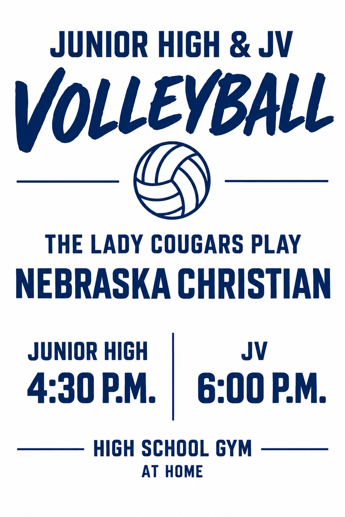 🏐 IT’S VOLLEYBALL GAME DAY! 🏐 Come out and cheer on our Central Valley Lady Cougars as they hit the court against Nebraska Christian! 💙🤍🐾 📍 Home — High School Gym 🏐 Junior High: 4:30 PM 🏐 JV: 6:00 PM Let’s pack the gym, bring the Cougar energy, and support our girls! Good luck to all of our Lady Cougars competing tonight! 💙 GO COUGARS! 🤍 #CentralValleyCougars #LadyCougars #CougarPride #GameDay #Volleyball #GoCougars