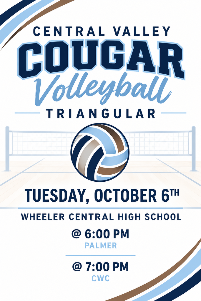 🏐🐾 It’s Cougar Volleyball Game Day! Central Valley heads to Wheeler Central High School today, Tuesday, October 6, for triangular action! 🕕 6:00 PM — Central Valley vs. Palmer 🕖 7:00 PM — Central Valley vs. CWC 📍 Wheeler Central High School Put on your navy and silver and come cheer on our Cougars! 💙🤍
