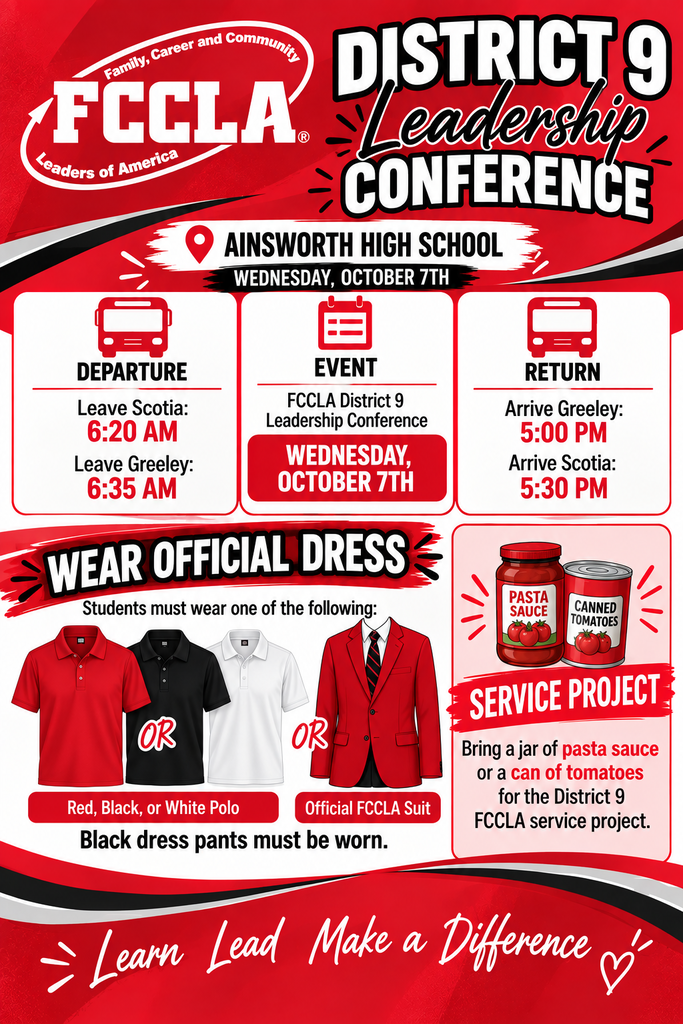 ❤️ Central Valley FCCLA students are ready to learn, lead, and make a difference! Tomorrow, Wednesday, October 7, our students will attend the District 9 FCCLA Leadership Conference at Ainsworth High School. We’re excited for them to build leadership skills and connect with fellow FCCLA members! 🚌 Departure times: • Scotia: 6:20 a.m. • Greeley: 6:35 a.m. 🏠 Return times: • Greeley: 5:00 p.m. • Scotia: 5:30 p.m. 👔 Students must wear a red, black, or white polo OR an official FCCLA suit. Black dress pants are required. 🥫 Please bring a jar of pasta sauce or a can of tomatoes for the District 9 FCCLA service project! We’re proud of our students for representing Central Valley! ❤️🐾 #CentralValley #FCCLA #StudentLeaders