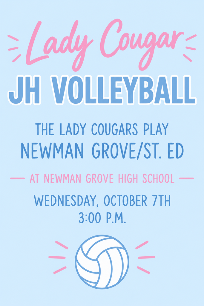 🏐🐾 Let’s go, Lady Cougars! Our Central Valley Junior High volleyball team travels to Newman Grove tomorrow to take on Newman Grove/St. Ed! Come cheer on the girls as they hit the court! 💙🤍 📅 Wednesday, October 7 ⏰ 3:00 p.m. 📍 Newman Grove High School Play hard, work together, and bring that Cougar spirit! 🐾 #GoCougars #LadyCougarVolleyball #CentralValley