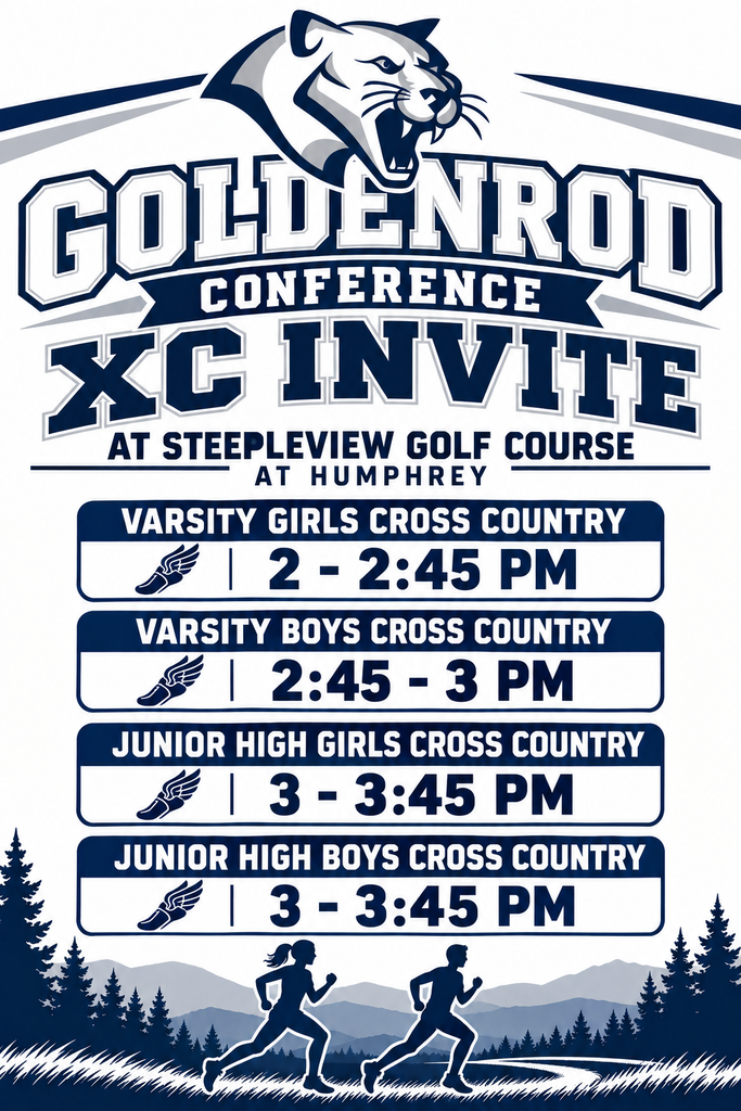 🏃♀️🏃♂️ Cougar runners are ready to compete! Cheer on Central Valley at the Goldenrod Conference Cross Country Invite on Thursday, October 8! 💙🤍🐾 📍 Steepleview Golf Course in Humphrey ⏰ Race schedule: • Varsity Girls @ 2:00 • Varsity Boys @ 2:45 • Junior High Girls & Boys @ 3:00 Come support our runners as they push toward the finish line! Go Cougars! 🐾 #GoCougars #CentralValley #CougarCrossCountry